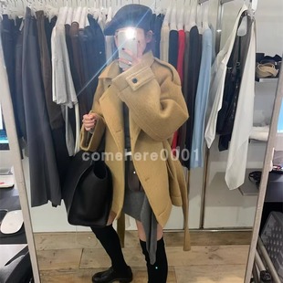 现货速发韩国东大门代购Creamvilla2025冬季新款系腰带毛呢外套