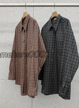 现速发韩国东大门代购at the bagel2026春夏新款翻领系扣格纹衬衫