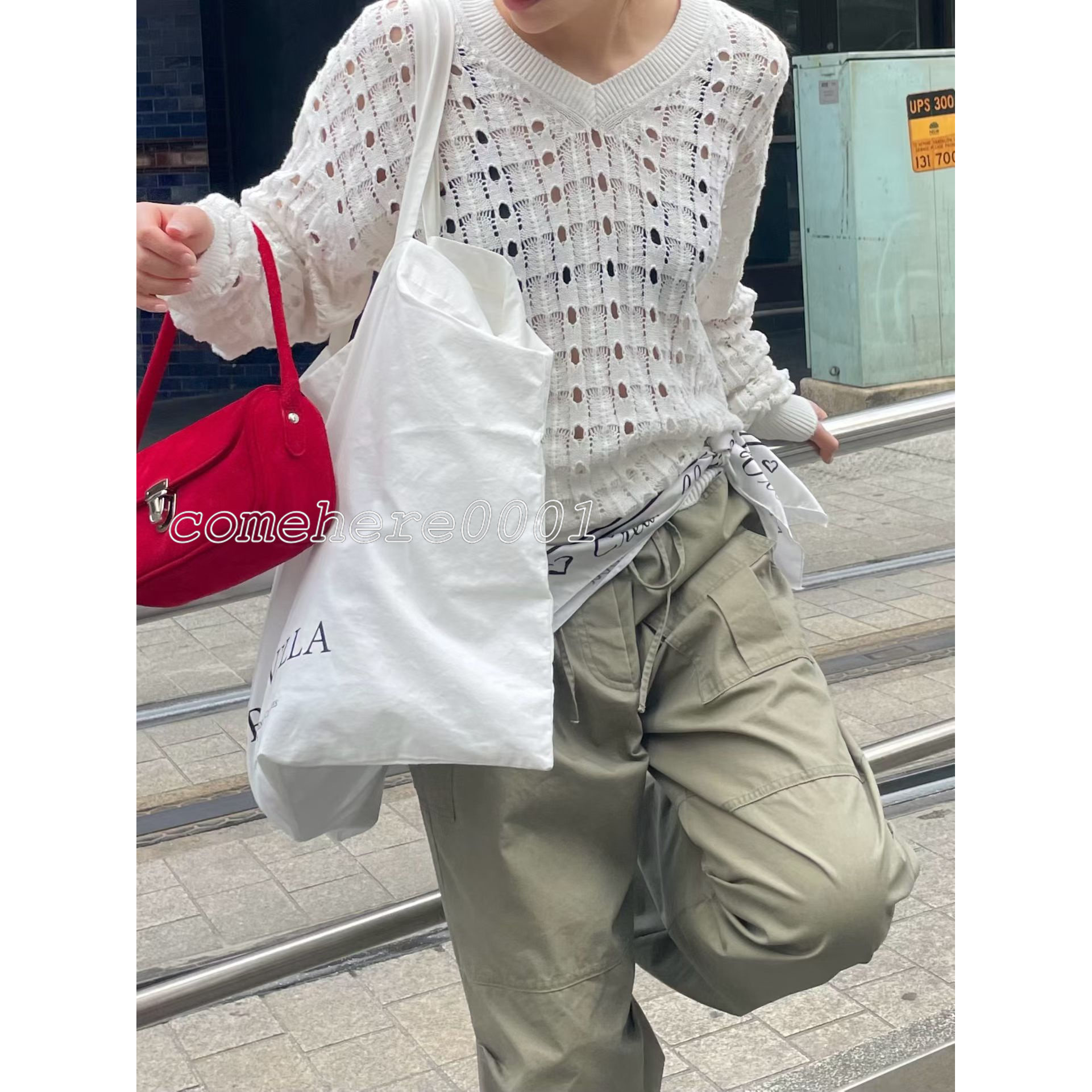 现速发韩国东大门代购Creamvilla2026春夏新款V领镂空宽松针织衫