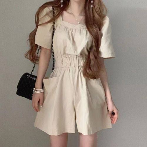 韩国chic夏季法式复古简约纯色方领泡泡袖休闲连体裤高腰阔腿短裤,女装/女士精品,连衣裙,淘宝优惠券,粉丝福利购,淘宝优惠卷