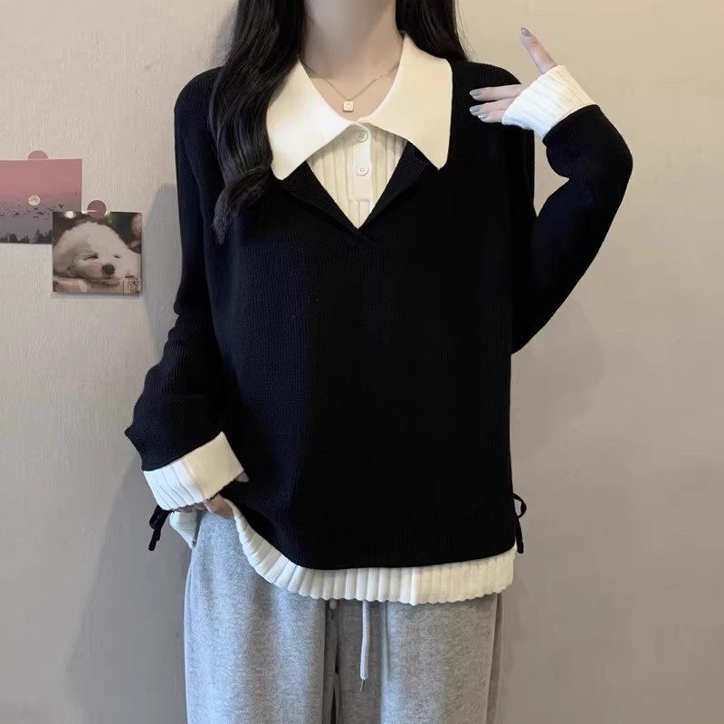 大码女装遮肚子假两件POLO领针织衫秋季胖MM宽松显瘦打底撞色毛衣,女装/女士精品,毛针织衫,淘宝优惠券,粉丝福利购,淘宝优惠卷