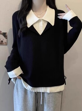 大码女装遮肚子假两件POLO领针织衫秋季胖MM宽松显瘦打底撞色毛衣