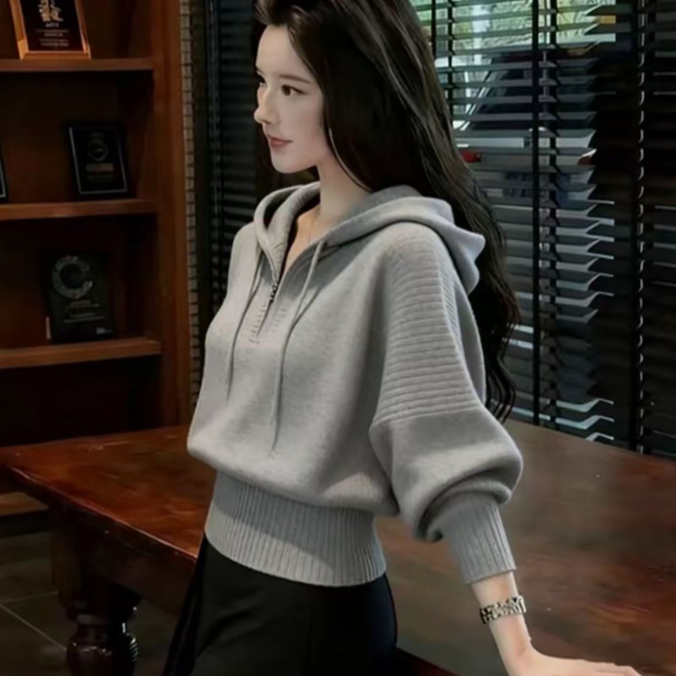 韩系连帽半拉链短款麻花毛衣女