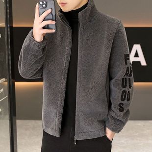 男士外套秋冬羊剪绒立领夹克男士刺绣卫衣皮毛一体羊羔绒男装外套