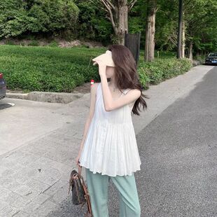 纯欲白色压褶设计吊带上衣女2025夏季 甜美气质小衫 无袖 背心裙 新款