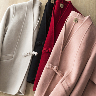 纯手工全羊毛 气质简约V领盘扣双面呢大衣短款呢外套