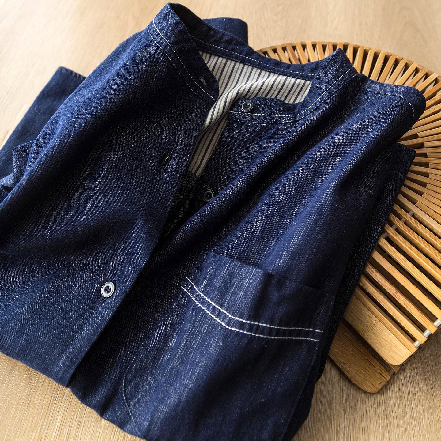 灵魂衬衣~穿不腻！天丝亚麻凉感降温小立领活性染复古牛仔衬衫女