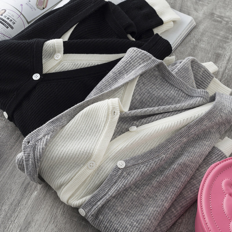 女人味~叠搭风法式气质v领拼接修身针织开衫假两件外套