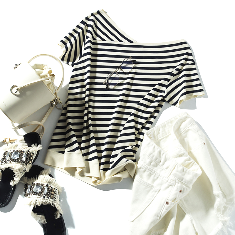 上身惊艳~气质双V领~好显瘦!黑白条纹针织衫短袖T恤上衣女夏22新