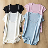 优雅显瘦手工钉珍珠大U领针织短袖 天鹅颈珍珠项链针织衫 法式 T恤