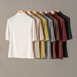 奢感简约百搭~柔光丝光羊毛薄款半高领上衣轻薄打底衫中袖T恤女