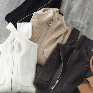 打造多元年轻CHIC 潮酷双开拉链羊毛坑条修身显瘦翻领针织开衫女