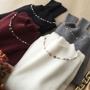 优雅气质 珠光熠熠 绵羊毛羊绒珠片纱领圈串珠半高领针织衫毛衣女