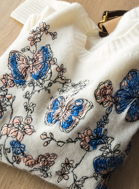 89%绵羊毛11%山羊绒重工白色蝴蝶刺绣针织衫毛衣女高级感套头上衣