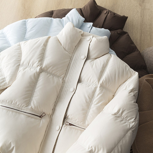 格纹毛呢拼接90白鸭绒立领羽绒服