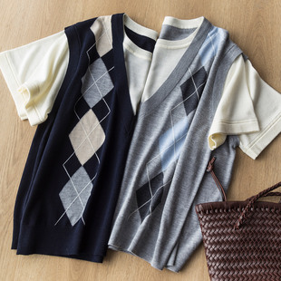 上衣女 假两件叠穿针织短袖 早春新 英伦学院风菱格提花真丝羊毛衫
