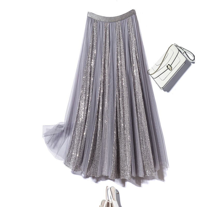 闪耀星河 重工纱纱珠片拼接 精致亮片细闪松紧高腰A版网纱半身裙