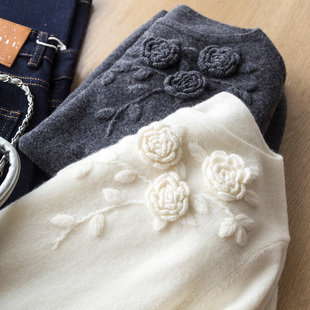 法式优雅 精致柔美手工立体钩花羊毛羊绒一字领套头针织衫毛衣女