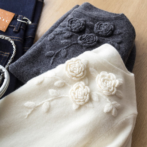 法式优雅 精致柔美手工立体钩花羊毛羊绒一字领套头针织衫毛衣女