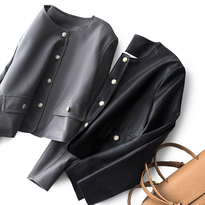 气质金扣PU皮夹克皮衣短款外套