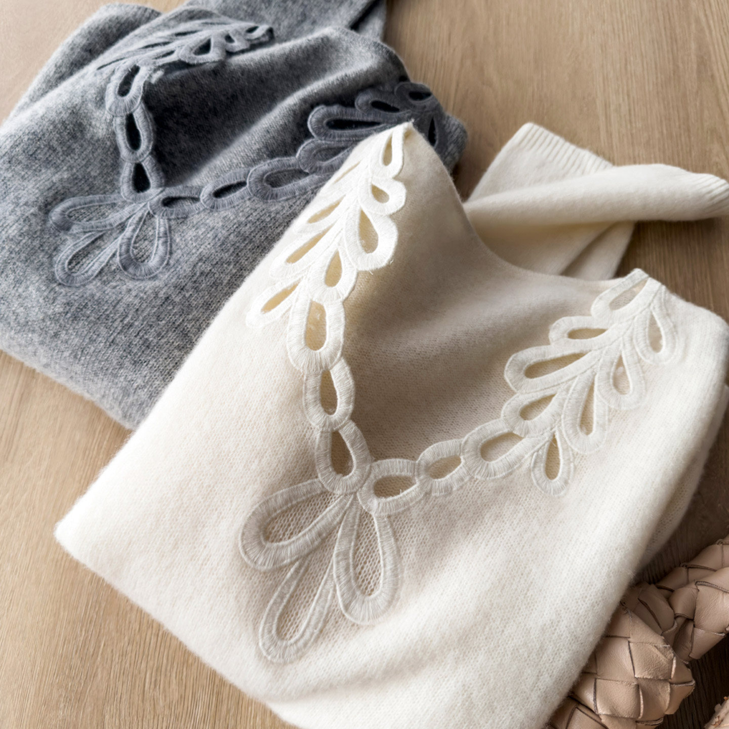 高级感优雅气质南法风慵懒软糯纯羊毛白色镂空刺绣花卉针织衫毛衣