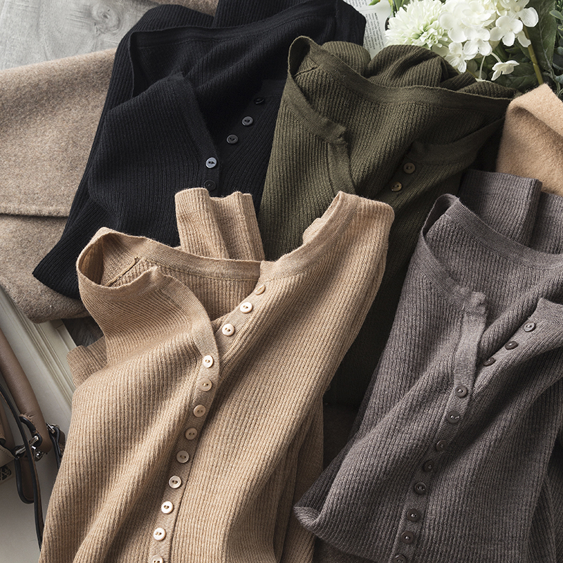 人间忽晚山河已秋 高弹力美丽诺羊毛螺纹亨利领针织衫打底衫秋女