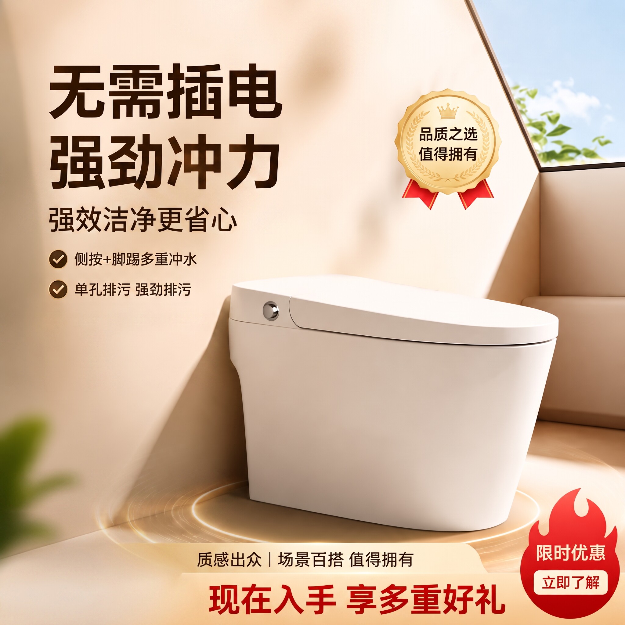 无水箱马桶一体坐便器机械式马桶卫生间座便陶瓷一体式防智能马桶