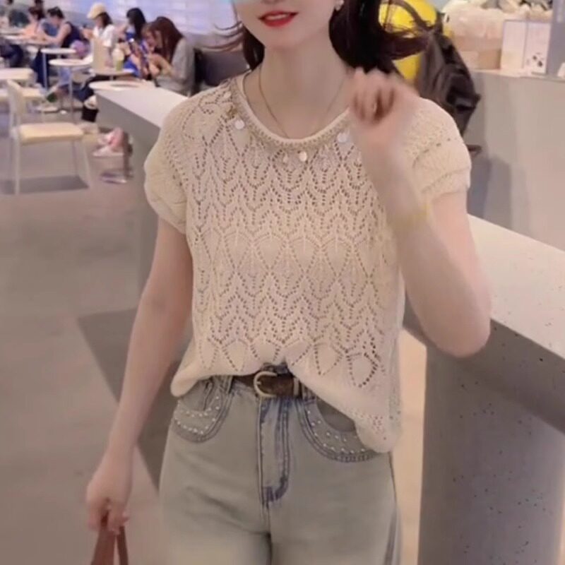 欧洲站时尚重工亮片镂空薄款针织衫女短袖T恤法式设计绝美上衣ins