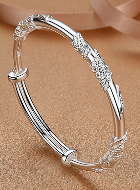 银手镯女推拉开口银手环实心银镯子银手链送妈妈闺蜜生日节日礼物