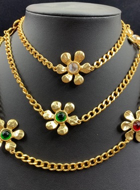 中古Vintage毛衣链双层项链饰品欧美复古森系山茶玻璃花朵高级感