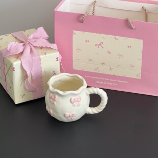 毕业礼物送老师手作不规则粉色蝴立体蝶结陶瓷马克杯釉下彩杯子