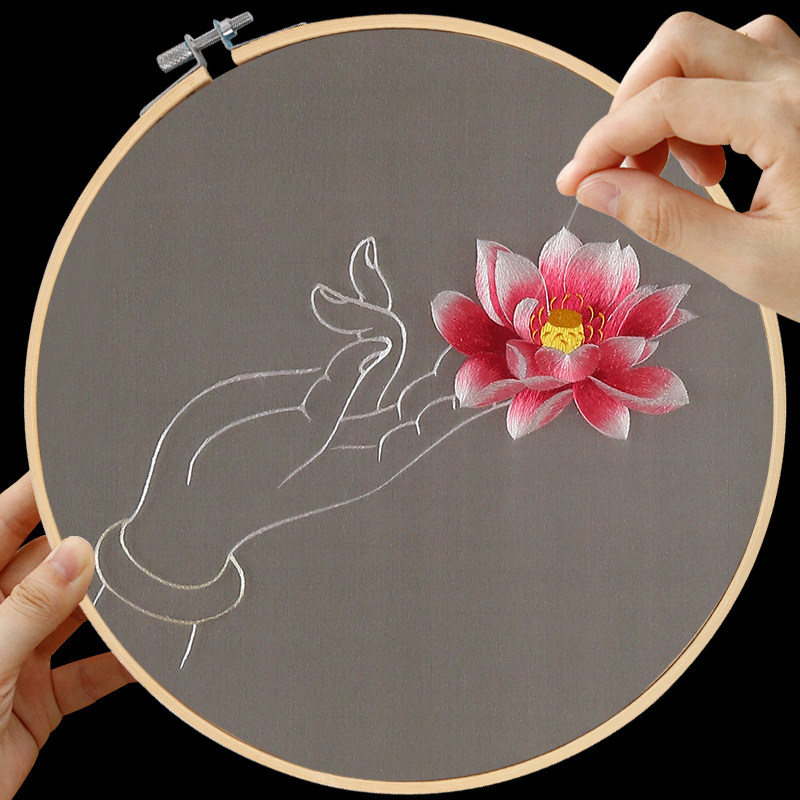 苏绣手工diy初学者自己绣刺绣材料包绣花团扇古风DIY材料佛手莲花
