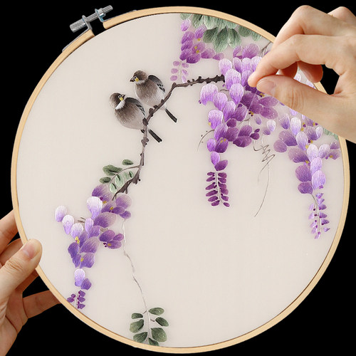 古风入门针迹紫藤花鸟手工diy