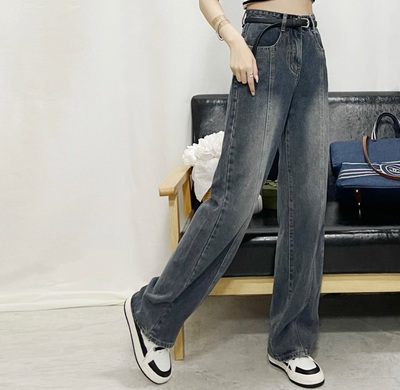 YQ 2023小众设计新款高腰直筒拖地长裤复古休闲阔腿百搭牛仔裤女