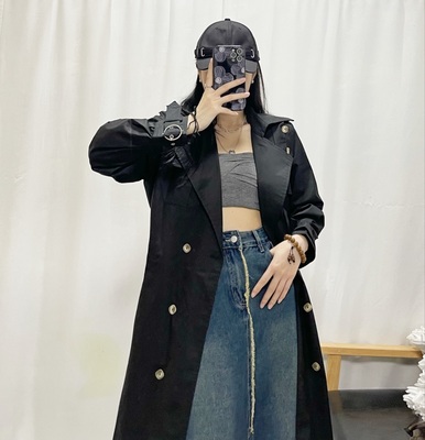 YQ 2023毒家设计师款黑色风衣外套女 翻领双排扣中长款休闲大衣