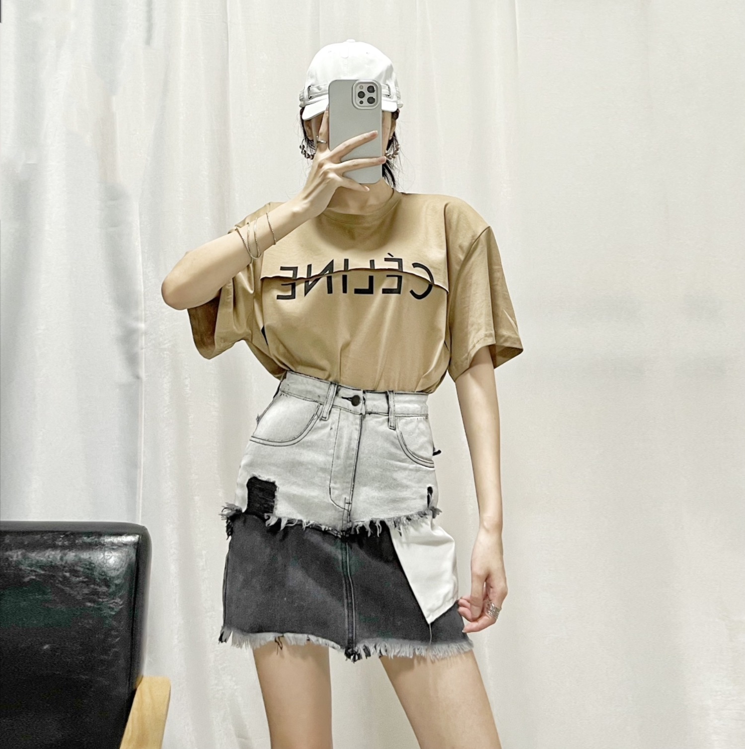 破洞短裙拼接撞色毛边牛仔