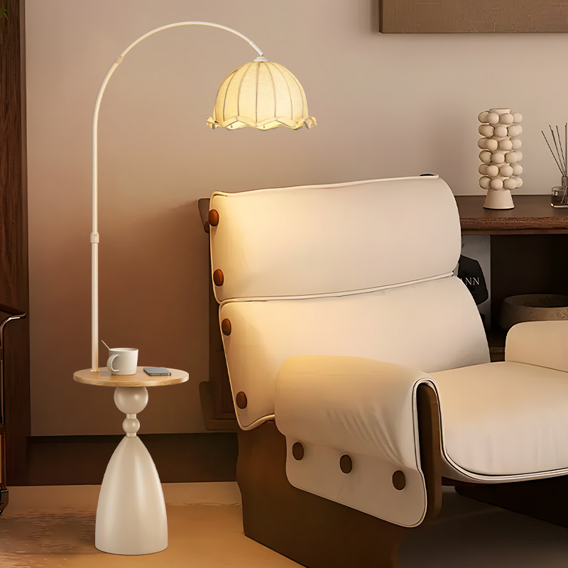 奶油风落地灯客厅家用多功能置物一体中古风卧室床头轻奢氛围台灯