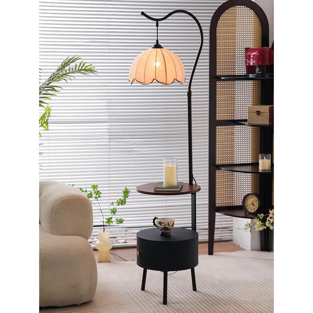 中古风客厅沙发旁落地灯置物架一体卧室床头柜充电氛围台灯