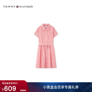 Tommy春夏童装女纯棉时尚洋气休闲条纹系带收腰短袖衬衫裙连衣裙
