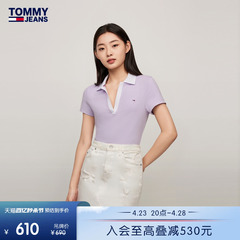 Tommy 24新款春季女装复古弹力撞色V领修身短袖POLO衫DW0DW17225