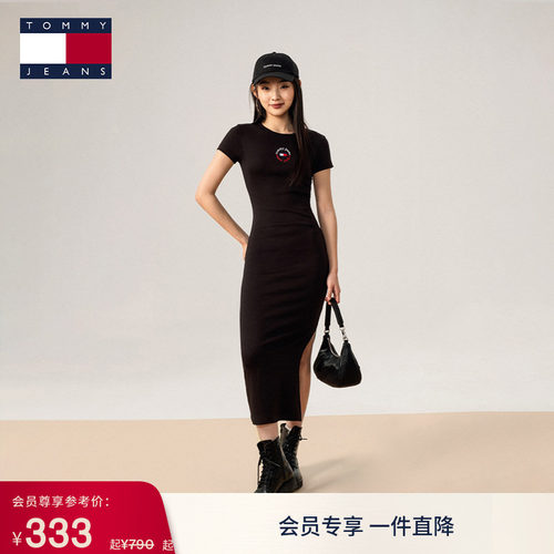 Tommy女装刺绣修身圆领针织长裙