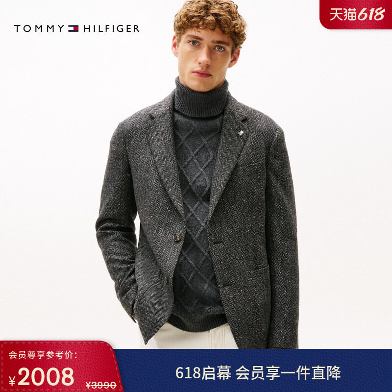 Tommy秋冬男装羊毛混纺商务绅士风休闲人字纹翻领西服西装外套