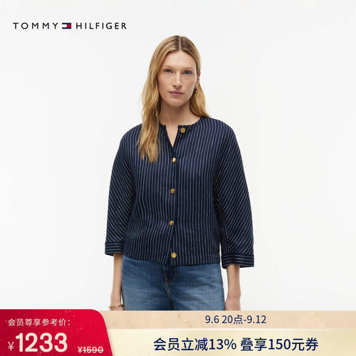 Tommy女含亚麻条纹宽松圆领衬衫