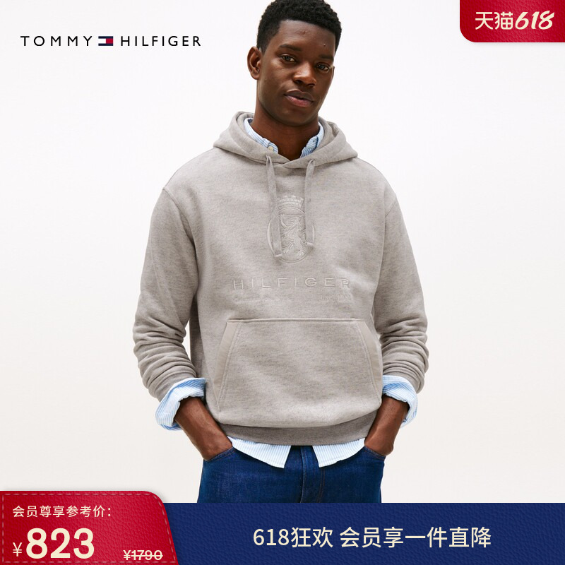 Tommy秋冬男女情侣美式潮流休闲运动风徽章刺绣宽松连帽抓绒卫衣