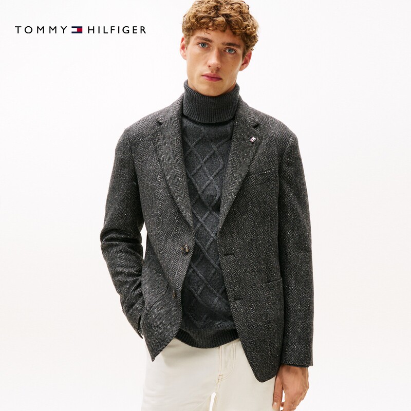 Tommy秋冬男装羊毛混纺商务绅士风休闲人字纹翻领西服西装外套