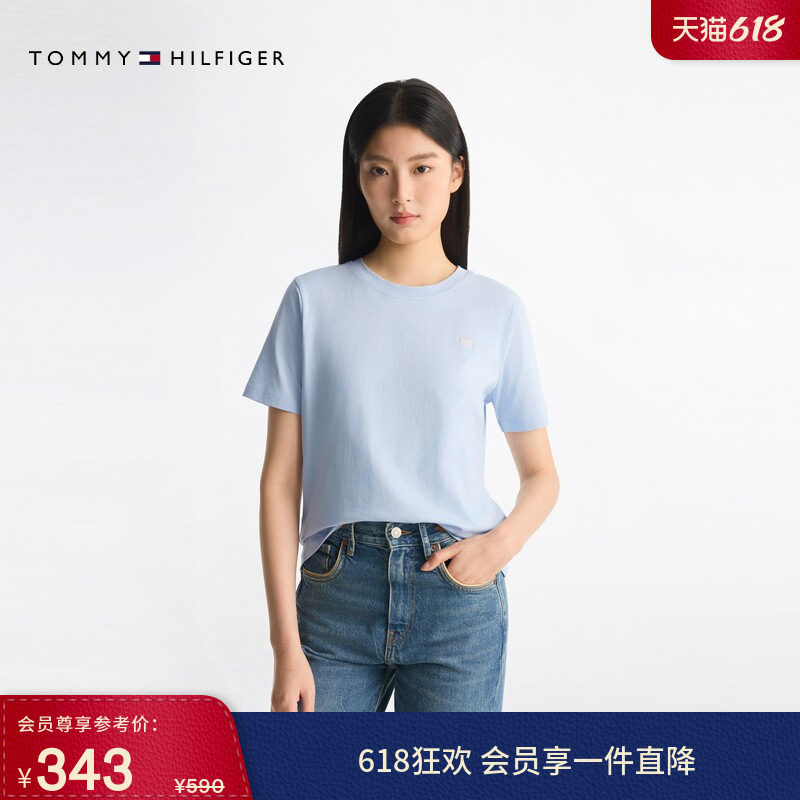 Tommy春夏女装纯棉休闲通勤小旗标纯色圆领内搭打底衫短袖上衣T恤