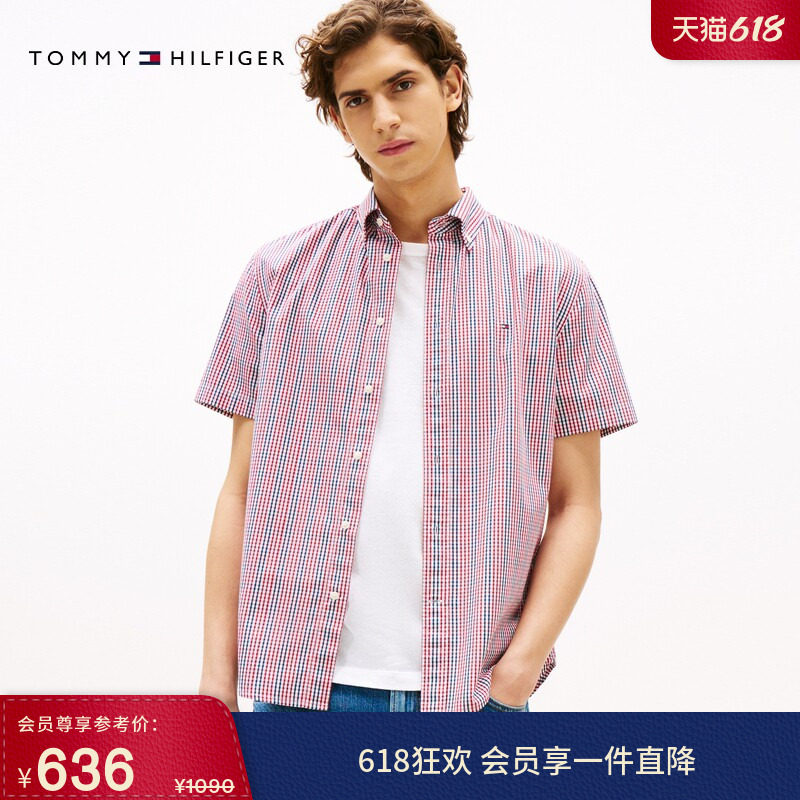 Tommy春夏男装纯棉府绸拼色格纹商务休闲通勤合身短袖衬衣衬衫