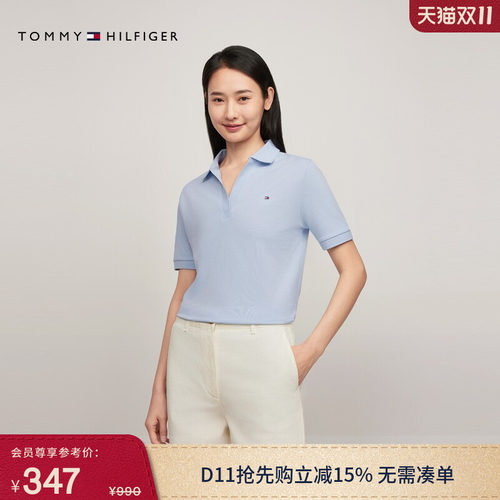 Tommy女装小绣标V领宽松POLO衫