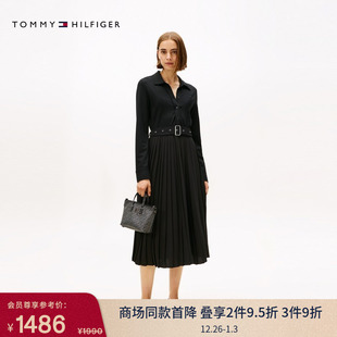 Tommy25秋冬新款 气质休闲针织拼接收腰显瘦翻领百褶裙连衣裙 女装