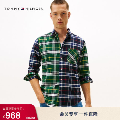 Tommy纯棉牛津纺拼色格纹衬衫
